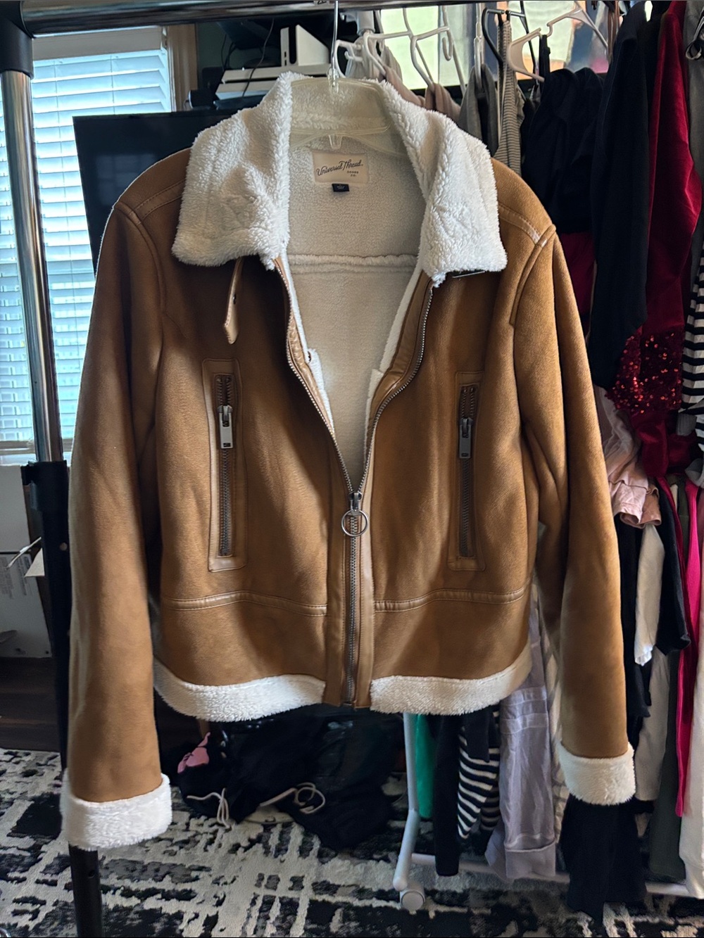 Universal Thread Camel Faux Suede Bomber Jacket with Cream Shearling